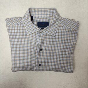 David Donahue Shirt Mens Large Blue Check Button-Up Fusion‎ Linen Viscose Work